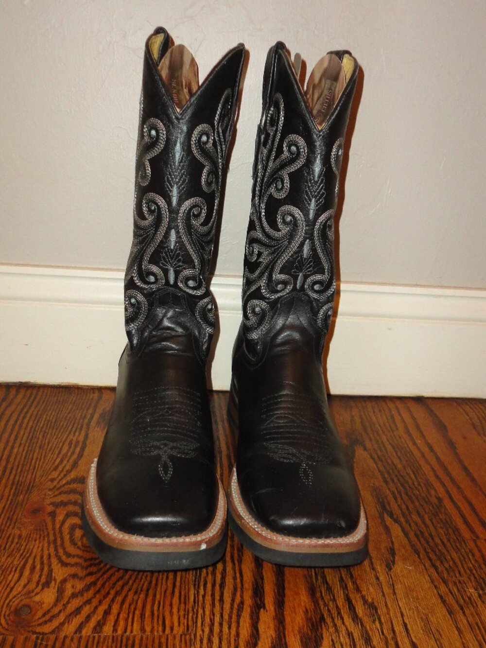 FERRINI Men's Black Leather Square Toe Western Boots Size 8D